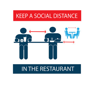 Keep A Social Distance In Restaurants And Cafes. Visitors ' Tables Are Located At A Safe Distance. Prevention Of Coronavirus Infection. Sticker. Icon. Vector Flat Illustration