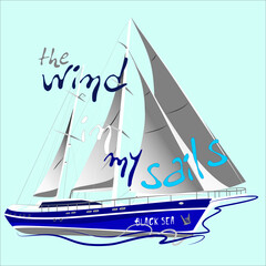 Sailing blue yacht vector character illustration