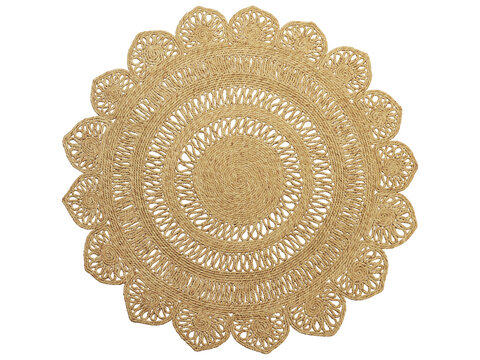 Modern braided round jute rug with a floral pattern. 3d render