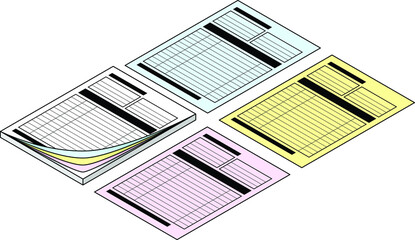 A large carbonless duplicate pad with white, blue, yellow, and pink copies.