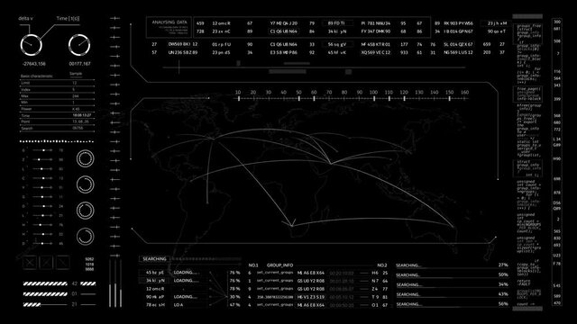 HUD Map with flight direction and pointer destinations. Quarantine is over ,flights to all countries are open.Technological UI futuristic SciFi flight display.