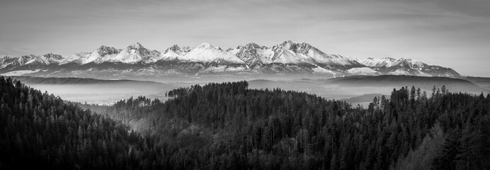 Panoramic view on Majestic High Tatras. Dramatic Black and White photo of mountains. Slovakia. Mountains.  © Mario