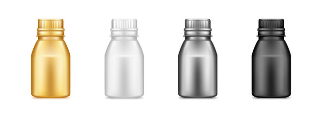 Black, gold, silver, white plastic jar mockup isolated from background. Packaging design. Blank sport or dietary nutrition, healthcare or medicine bottle template. 3d realistic vector illustration