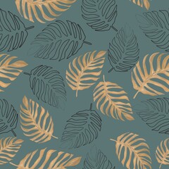 Seamless watercolor background from green tropical leaves, palm leaf, floral pattern