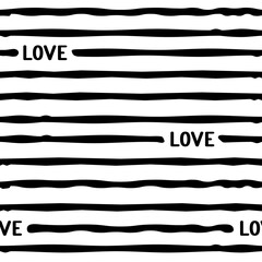 Grunge lines with interrupting lettering "Love". Vector seamless pattern. Greeting card design