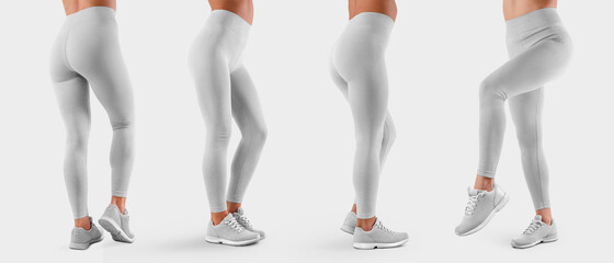 Template of white stretch leggings on a sports girl in sneakers, side view, back view, white tight pants, isolated on background. - obrazy, fototapety, plakaty