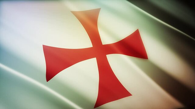 4k Knights Templar flag;knight cloth texture slow loop seamless waving  in blue sky with visible wrinkles in wind background.A fully digital rendering;animation loops at 40 seconds.