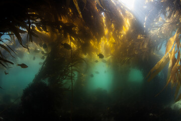 Fototapeta na wymiar Giant kelp, Macrocystis pyrifera, grows quickly in the cold eastern Pacific waters that flow along the California coast. Kelp forests support a surprising and diverse array of marine biodiversity.