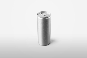 Mockup of a standing tin bottle with water condensate, a silver shiny can with a refreshing drink, isolated on background.