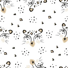 Vector illustration of a leopard head with the inscription growl. Big wild cat. Leopard spots, predatory gaze, wild animal.