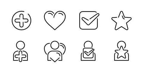 Plus (add to), heart (like, wishlist), check mark (checklist, confirmationm verification), star (favorites, rating) and same symbols with people (avatar, profile) - set of vector outline icons