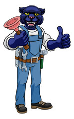 A panther plumber cartoon mascot holding a toilet or sink plunger