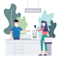 Woman wear mask shopping with cashless payment social distancing concept new normal