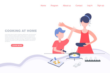 Homeschool mother cooking at home with kid stay at home concept flat character happy family vector
