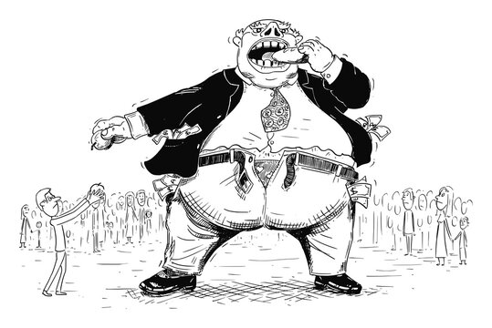 Vector cartoon drawing conceptual illustration of fat rich man, businessman or capitalist in suit and money in pockets is eating food of crowd poor small people around. Concept of corporate greed and