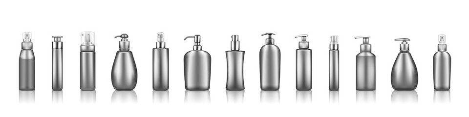 Silver luxury pump bottle mockups: serum, moisturizer, lotion, soap, cream, sanitizer. Plastic package design. Cosmetic, hygiene, skincare template. Set of isolated 3d realistic vector illustrations