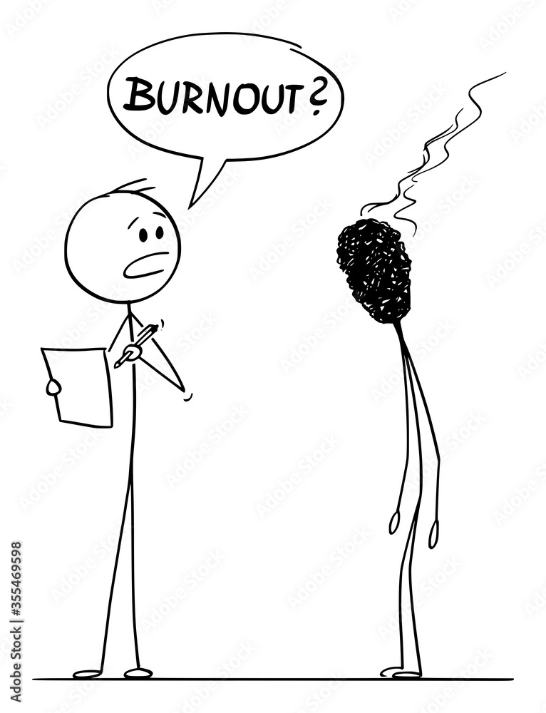 Sticker vector cartoon stick figure drawing conceptual illustration of burnout, tired and stressed man or bu