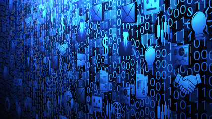 8K 3D Business and Technology Icons Spin and Hover on The Random Binary Code Background with Blue Lighting ver.3