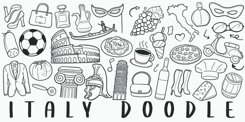 Italy Travel Doodle Line Art Illustration. Hand Drawn Vector Clip Art. Banner Set Logos.