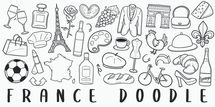 France Doodle Line Art Illustration. Hand Drawn Vector Clip Art. Banner Set Logos.
