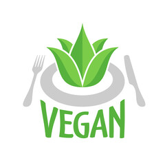 Vegetarian food - plate with knife, fork and green symbol of healthy organic food - vector vegan lable concept for restaurants, food packaging, warning tags, marks or stickers