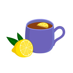 Black tea in a blue mug with lemon. Illustration isolated on white background. Stock vector illustration.