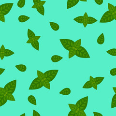 Fototapeta na wymiar Refreshing seamless pattern. Summer vector background with Green basil leaves on a green background. For design of fabrics, packaging and wallpapers.