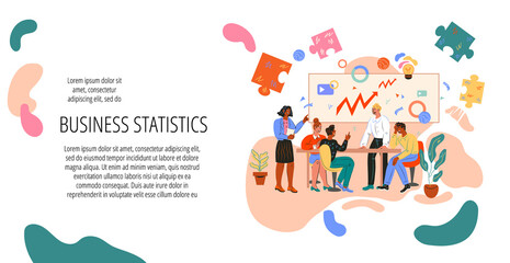 Business statistics and market analytics website banner template with business analytic specialists group, flat cartoon vector illustration. Marketing research and company development.