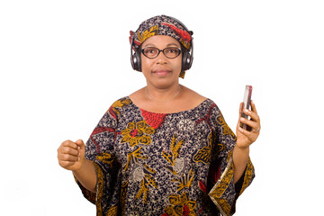 happy woman in loincloth with music headphones