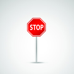 Red Stop Sign, Isolated Road Traffic Regulatory Warning Signage Octagon Isolate, White Octagonal Frame, Metallic Post, Large Detailed Vertical Macro Closeup, Truck Car Accident Safety Concept Metaphor
