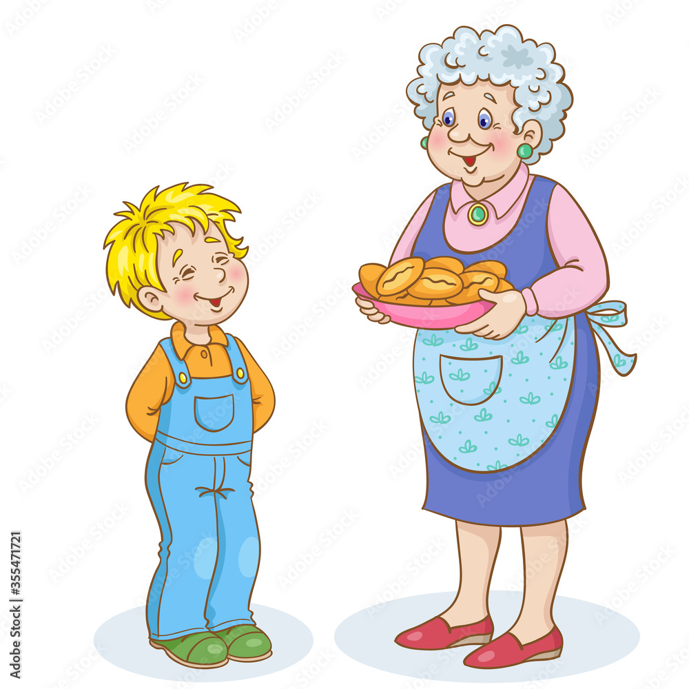 Wall mural Cute grandmother treats her grandson to pies. In cartoon style. Isolated on white background. Vector illustration.