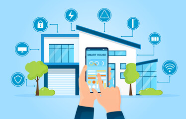 Modern Smart Home Concept. Futuristic house with wireless technology with centralized control. Smartphone control future. Buildings technological systems. Perfect for web, banner or advertising Vector