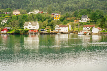 Obraz premium Rural houses coastal village view, Norway