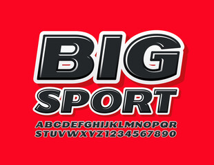 Vector modern poster Big Sport with Black Glossy Font. Decorative Alphabet Letters and Numbers