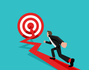 Goal achievement and hitting the target business concept - vector illustration with businessman, arrow and target