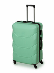 Mint Green suitcase for travel and reliable luggage storage. Plastic suitcase with wheels and retractable handle. Vacation concept. Luggage protection. Isolated on white background.