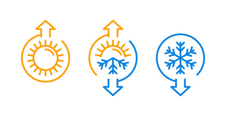Hot and cold - flat vector icons with symbols of sun and snowflake - climate control, difference, climat change, thermometer - temperature index  visualization