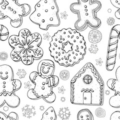 Seamless pattern with Christmas gingerbread cookies and smowflakes. Coloring book page for adults and children. Black and white.