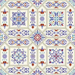 Seamless ceramic tile with colorful patchwork. Vintage multicolor pattern in turkish style. Endless pattern can be used for ceramic tile, wallpaper, linoleum, textile, web page background. Vector