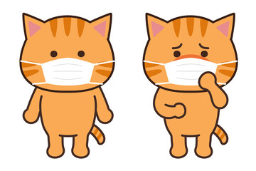 Cat character wearing a surgical or medical face mask. Isolated on white background.