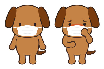 Dog wearing a medical face mask and dog who seems to be sick. Vector illustration isolated on white background.