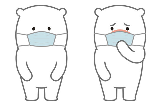 White bear wearing a medical face mask. Vector illustration isolated on white background.