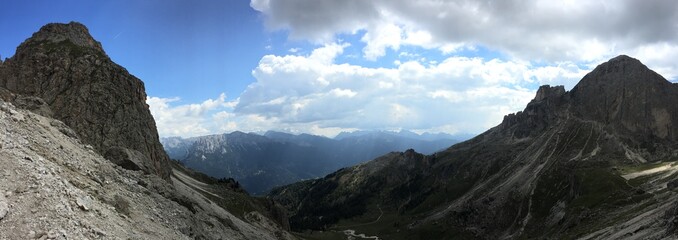 Panoramic landscape view of the mountainous, rocky Dolomites