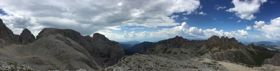 Panoramic landscape view of the mountainous, rocky Dolomites 