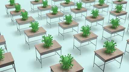 The virus on table in class 3d rendering for virus crisis in school  content.