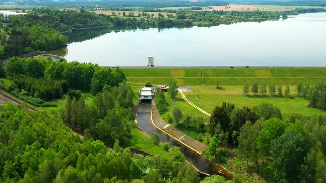 The Jesenice Reservoir on Odrava River is dam in Cheb. Aerial view to important source of sustainable energy in Czech Republic.