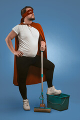 Super cleaning from superhero. Brave guy ready to clean up and fight dark forces with help of...