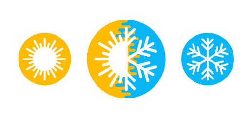 Hot and cold - flat vector icons with symbols of sun and snowflake - climate control, difference, climat change, thermometer - temperature index  visualization