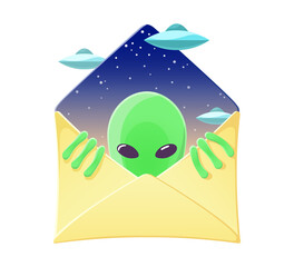 Envelope with funny alien and flying saucers inside. Cartoon humanoid character. Conspiracy and mysterious concept. Design for invitation or greeting card