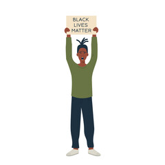 African American protester, hands holding placard poster. Black man protesting, fighting for human rights rebel manifestation. Black lives matter caption. Flat vector illustration.